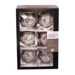 Six elegant glass Christmas ornaments in a black gift box, adorned with white snowflake designs.