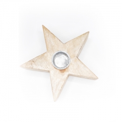 A wooden star-shaped candle holder with a shiny metal cup in the center.