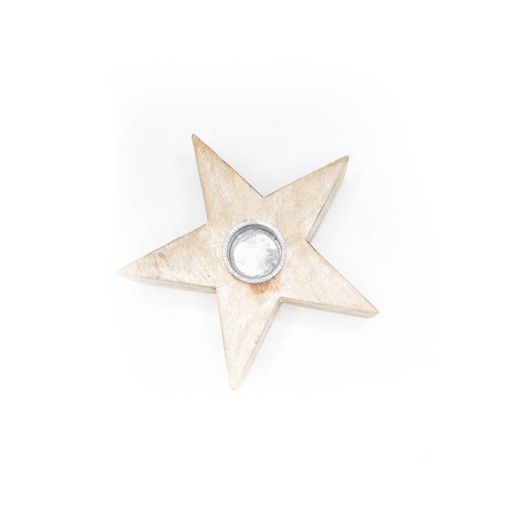 A wooden star-shaped candle holder with a shiny metal cup in the center.
