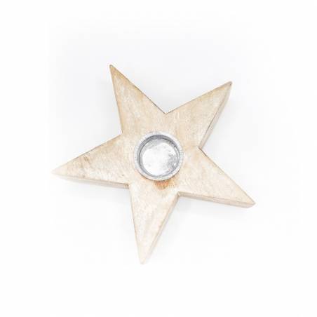 A wooden star-shaped candle holder with a shiny metal cup in the center.