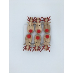 Wooden reindeer ornaments with red noses and antlers, arranged in a playful grid.