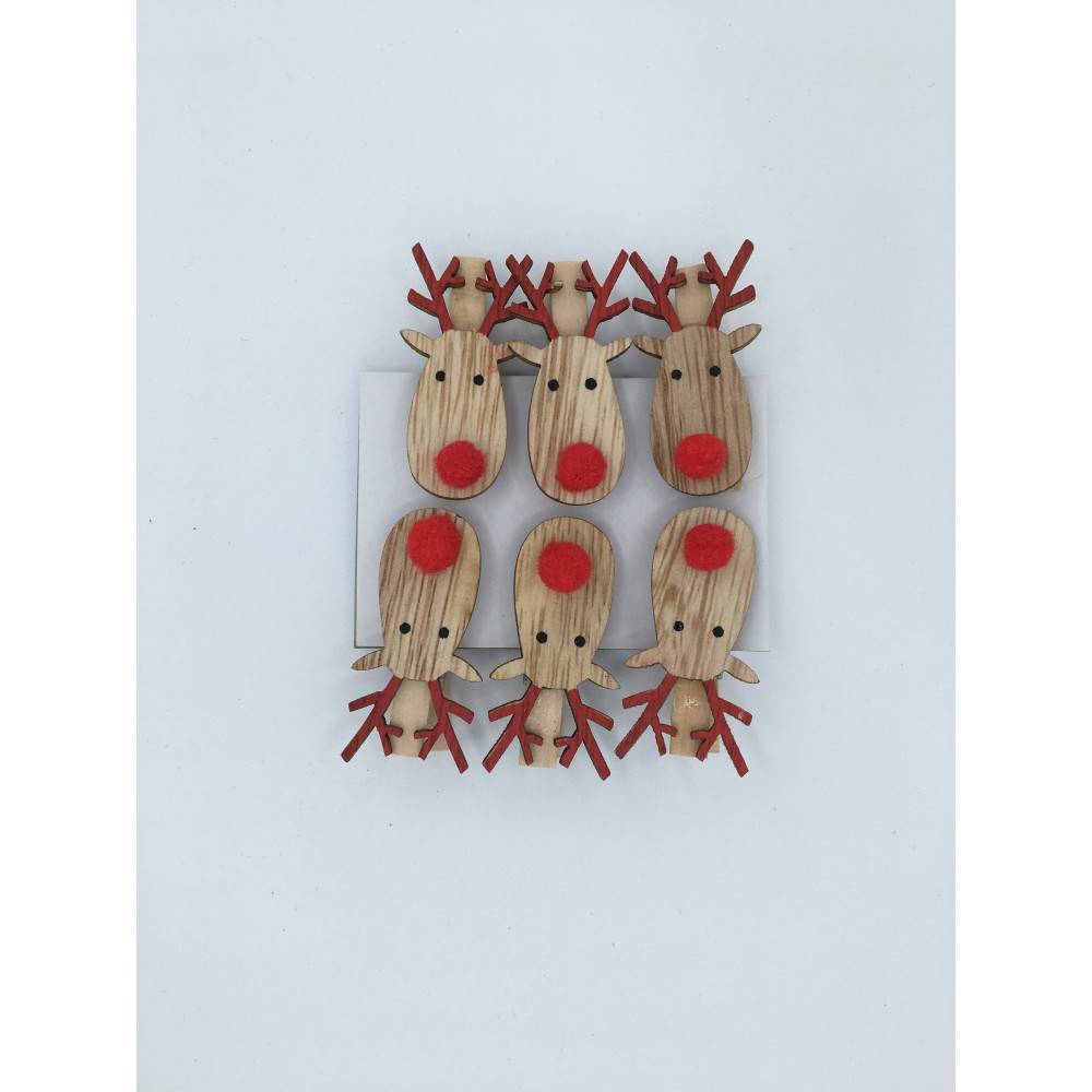 Wooden reindeer ornaments with red noses and antlers, arranged in a playful grid.