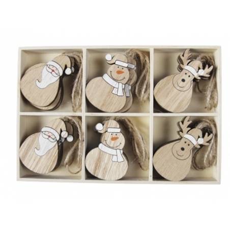 Wooden holiday ornaments featuring Santa, a snowman, and a reindeer, displayed in a grid.