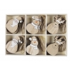 Wooden holiday ornaments featuring Santa, a snowman, and a reindeer, displayed in a grid.