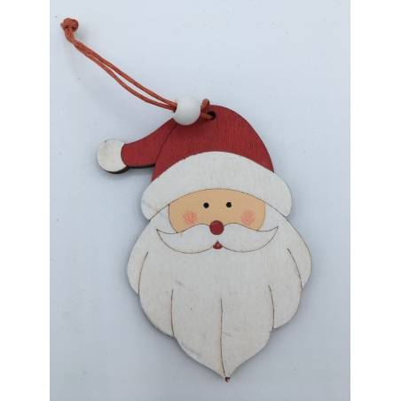 A wooden Santa face ornament with a red hat and a cheerful expression.
