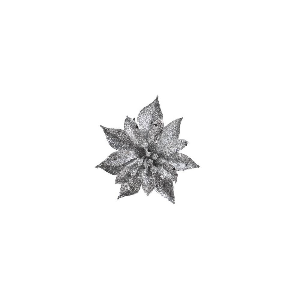 A sparkling silver flower with glittery leaves radiates elegance and festive charm.