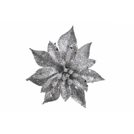 A sparkling silver flower with glittery leaves radiates elegance and festive charm.