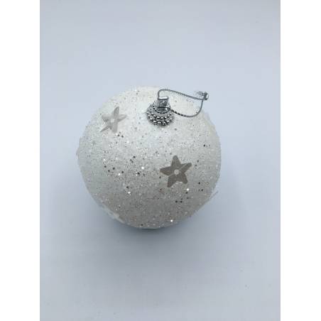 A shimmering white ornament adorned with silver stars and sparkling glitter.