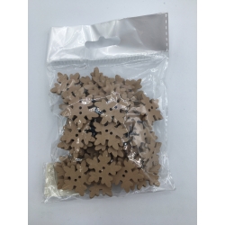 A clear bag filled with brown plastic snowflake-shaped decorations.
