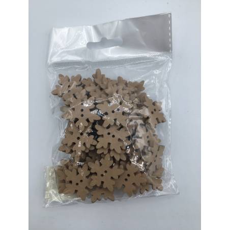 A clear bag filled with brown plastic snowflake-shaped decorations. A clear bag filled with brown plastic snowflake-shaped decorations.