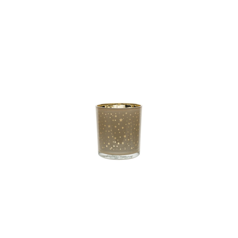 A glass candle holder with a gold star pattern and a shiny gold rim.