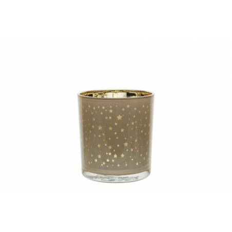 A glass candle holder with a gold star pattern and a shiny gold rim.