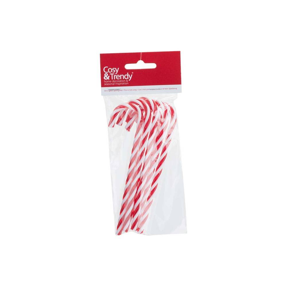 Zes kleurrijke snoepjes in de vorm van een wandelstok, verpakt in doorzichtig plastic.