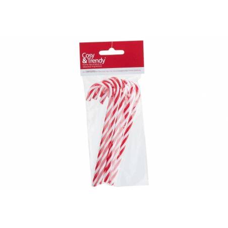 Zes kleurrijke snoepjes in de vorm van een wandelstok, verpakt in doorzichtig plastic.