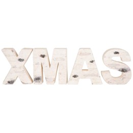 Houten letters in lichte tinten, vormen de tekst "XMAS" met een rustieke uitstraling.