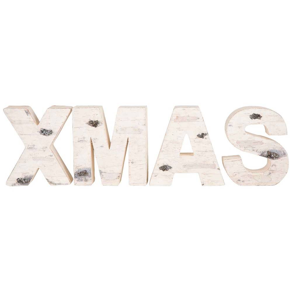 Wooden letters spelling "XMAS," textured with a light, rustic finish and subtle metallic accents.