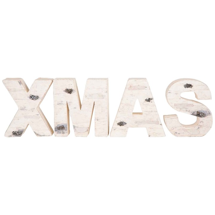 Houten letters in lichte tinten, vormen de tekst "XMAS" met een rustieke uitstraling.