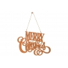 A wooden sign with elegant, swirling letters reading "Merry Christmas" in warm tones.