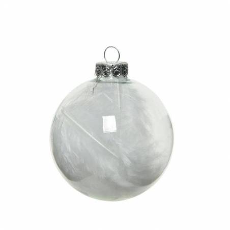 A clear glass ornament with delicate white feathers inside, topped with a silver cap.