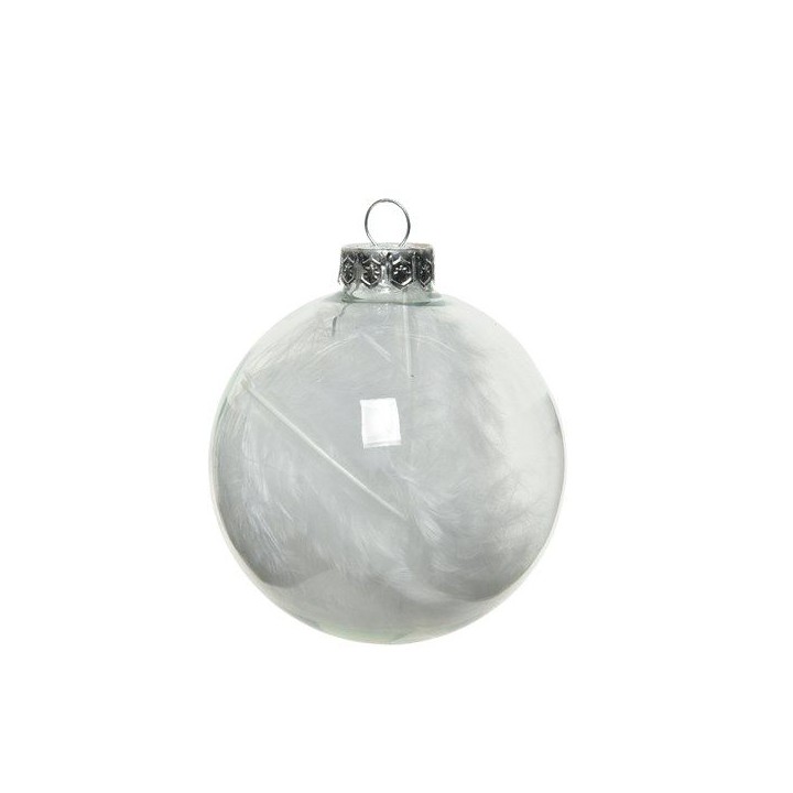 Transparante kerstbal met een zilveren bovenkant, gevuld met zachte, witte veren.