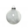 A clear glass ornament with delicate white feathers inside, topped with a silver cap.