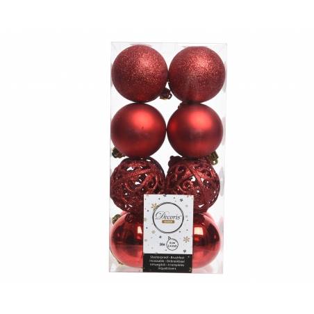 A collection of shiny red Christmas ornaments in various textures and shapes, beautifully arranged.