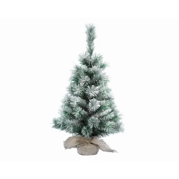 Klein, kunstmatig kerstboompje met een sneeuwachtige uitstraling, in een jute zak gewikkeld.