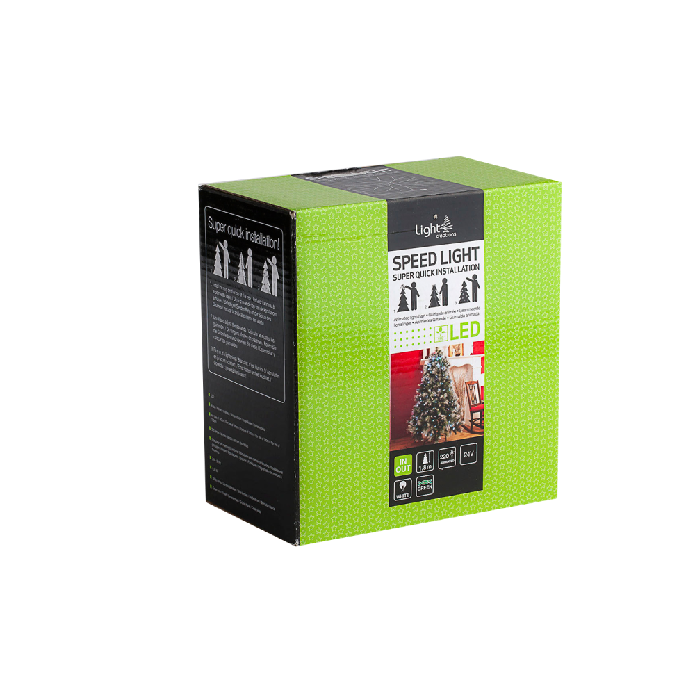 Een groene doos met zwarte details, geschikt voor snelle LED-kerstverlichting.
