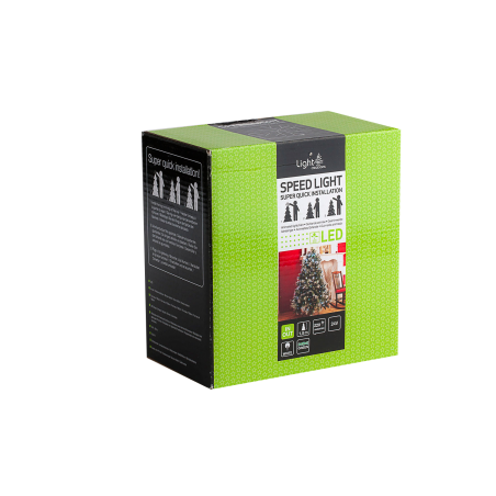 Een groene doos met zwarte details, geschikt voor snelle LED-kerstverlichting.