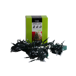 Een doos met groene verpakking en een wirwar van LED kerstverlichting.