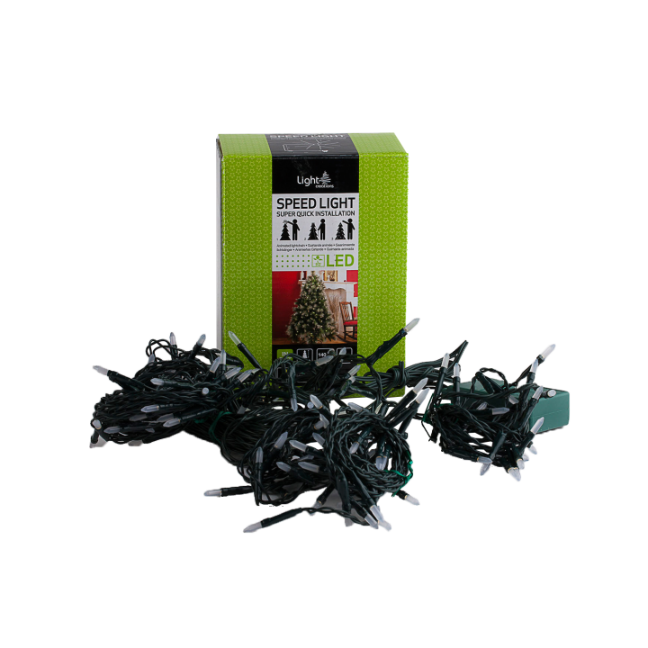 Een doos met groene verpakking en een wirwar van LED kerstverlichting.