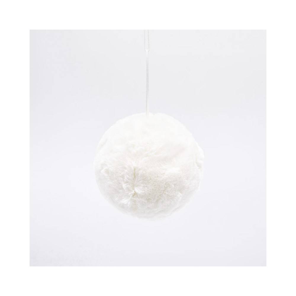 A soft, round, white fluffy object suspended against a plain background.