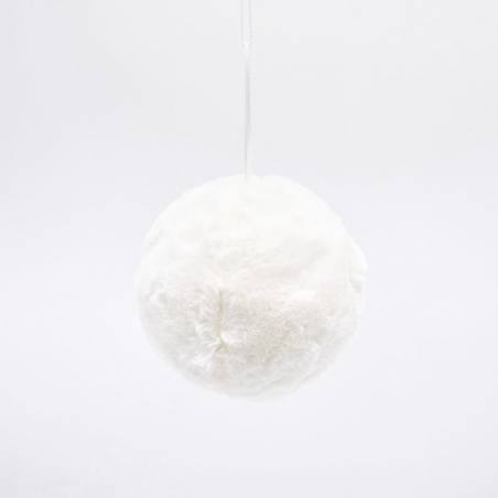 A soft, round, white fluffy object suspended against a plain background.