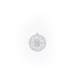 Delicate silver ornament with intricate lace-like patterns, suspended against a white background.