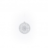 A delicate silver ornament with intricate lace-like patterns, suspended against a white background.