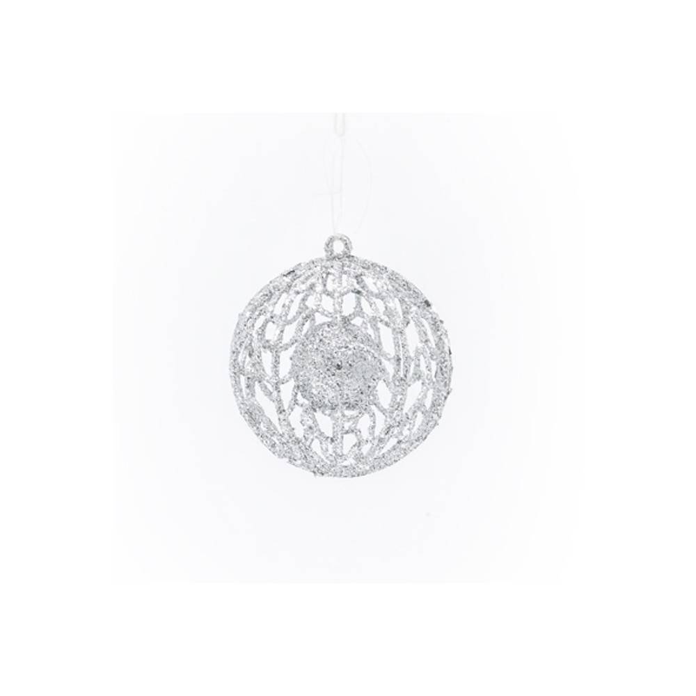 A delicate silver ornament with intricate lace-like patterns, shimmering against a white background.