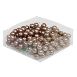 A collection of shiny brown and golden decorative balls in a clear plastic container.