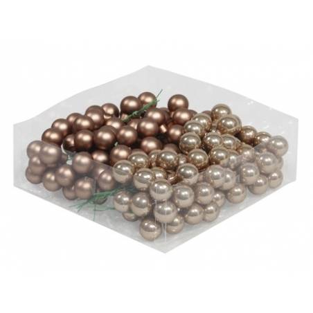 A collection of shiny brown and golden decorative balls in a clear plastic container.