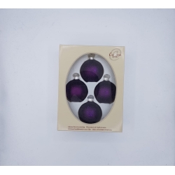 Four purple ornaments in a cream-colored box with an oval window.