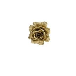 Gouden roos met glinsterende textuur op een witte achtergrond.