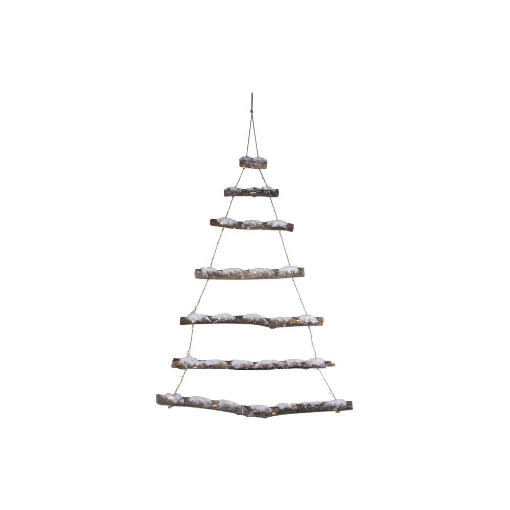 Een minimalistische hangende kerstboom van houten planken, in een natuurlijke stijl.