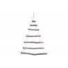 A minimalist wooden tree made of layered branches, suspended elegantly with twine.