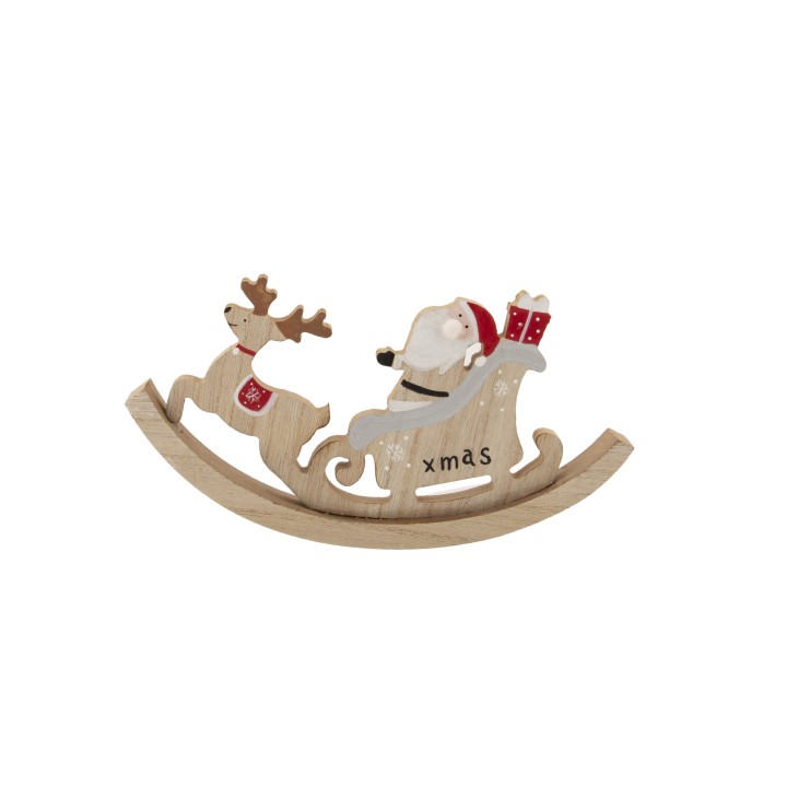 Houten kerstdecoratie met rendier en sneeuwpop in een slee, vrolijke kleuren en speelse details.