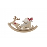 A whimsical wooden ornament of Santa and a reindeer on a sleigh, crafted in soft colors.