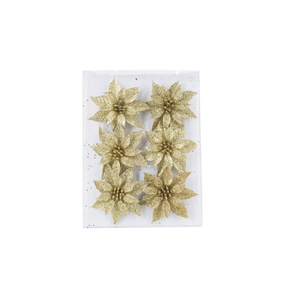 Glittering gold poinsettia flowers arranged in a clear plastic package.