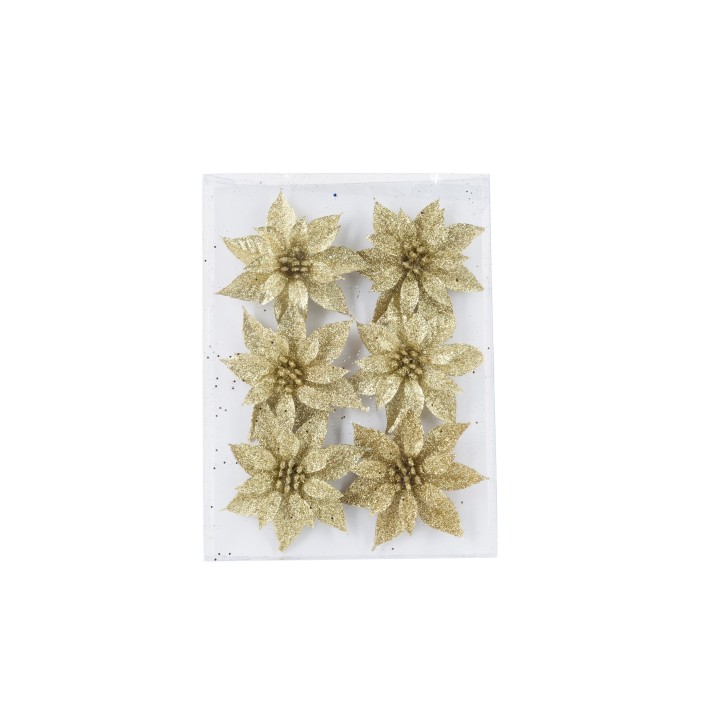 Zes gouden bloemen met glitters, gepresenteerd op een transparante achtergrond.