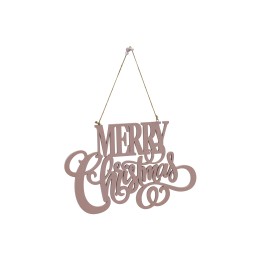 A decorative wooden sign in soft pink, elegantly saying "Merry Christmas" with flowing script.