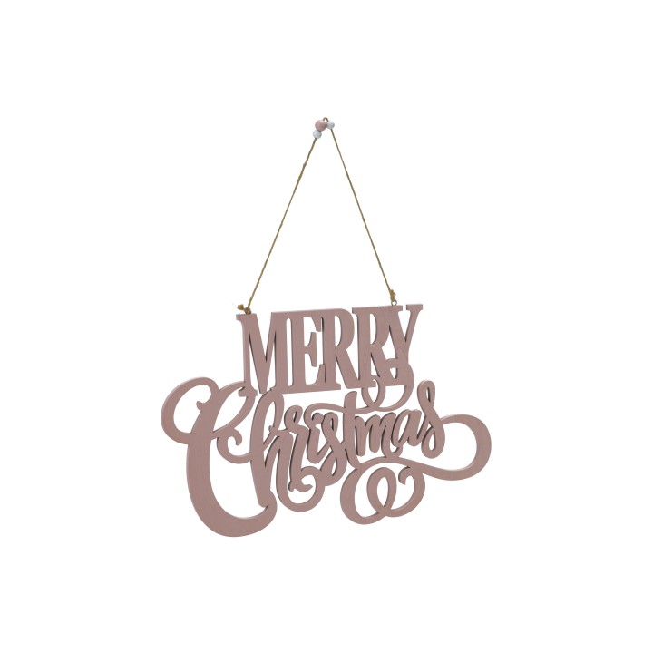 Roze houten kerstversiering met sierlijke letters, hangend aan een goudkleurig koord.