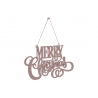 A decorative wooden sign in soft pink, elegantly saying "Merry Christmas" with flowing script.