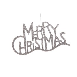 Sparkling zilveren tekst in speelse letters: "Merry Christmas", met een golvende onderrand.
